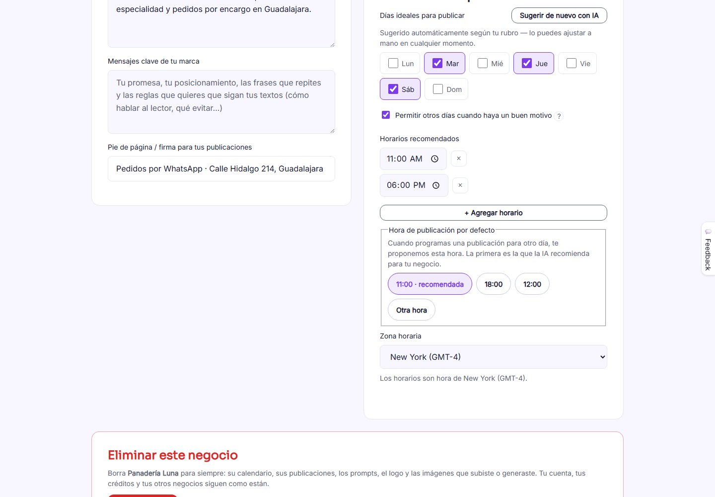 Captura de pantalla — paso 2: Tu pie de página, y los días y horarios recomendados