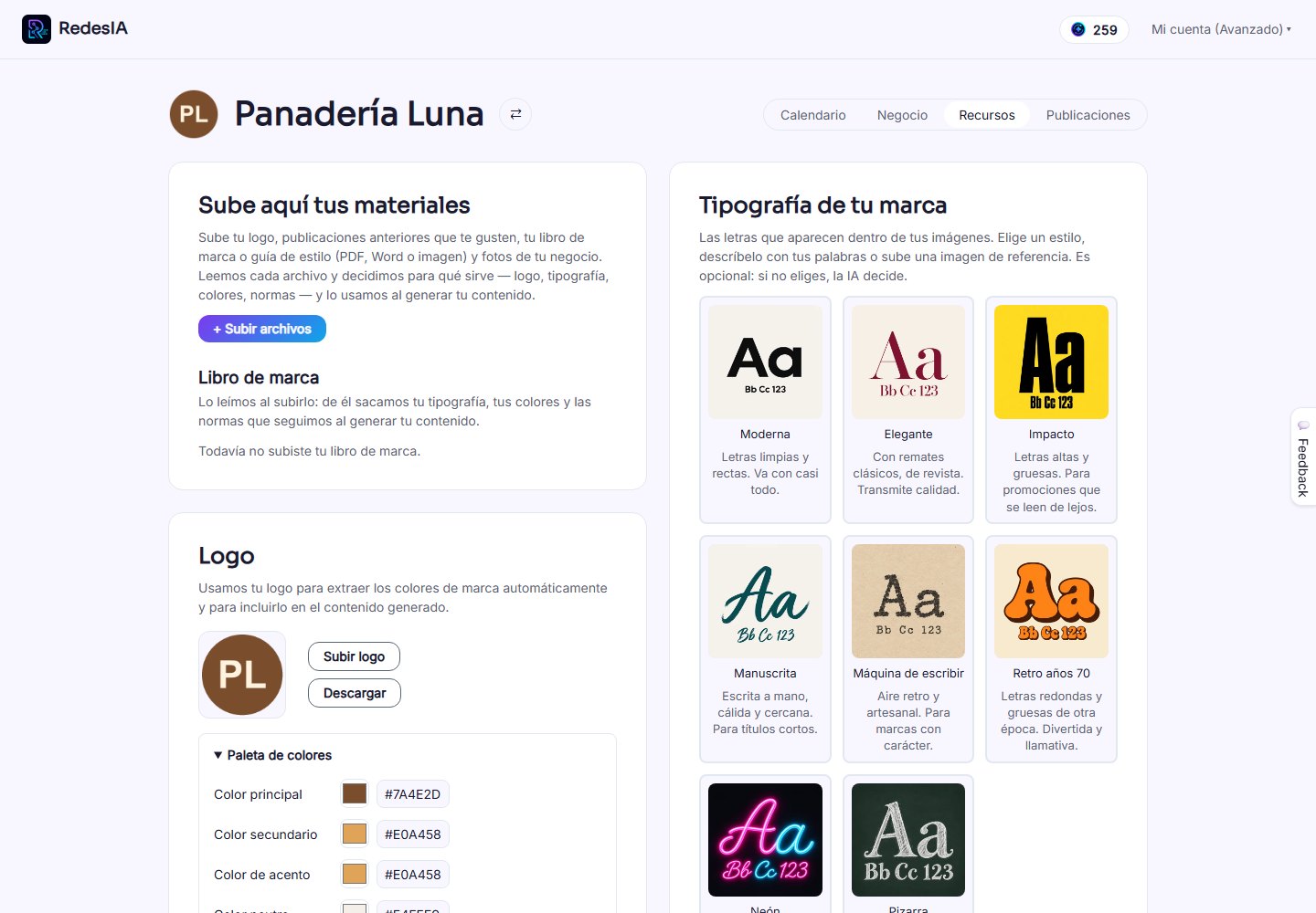 Captura de pantalla — paso 3: Recursos: tu logo y tu paleta de colores
