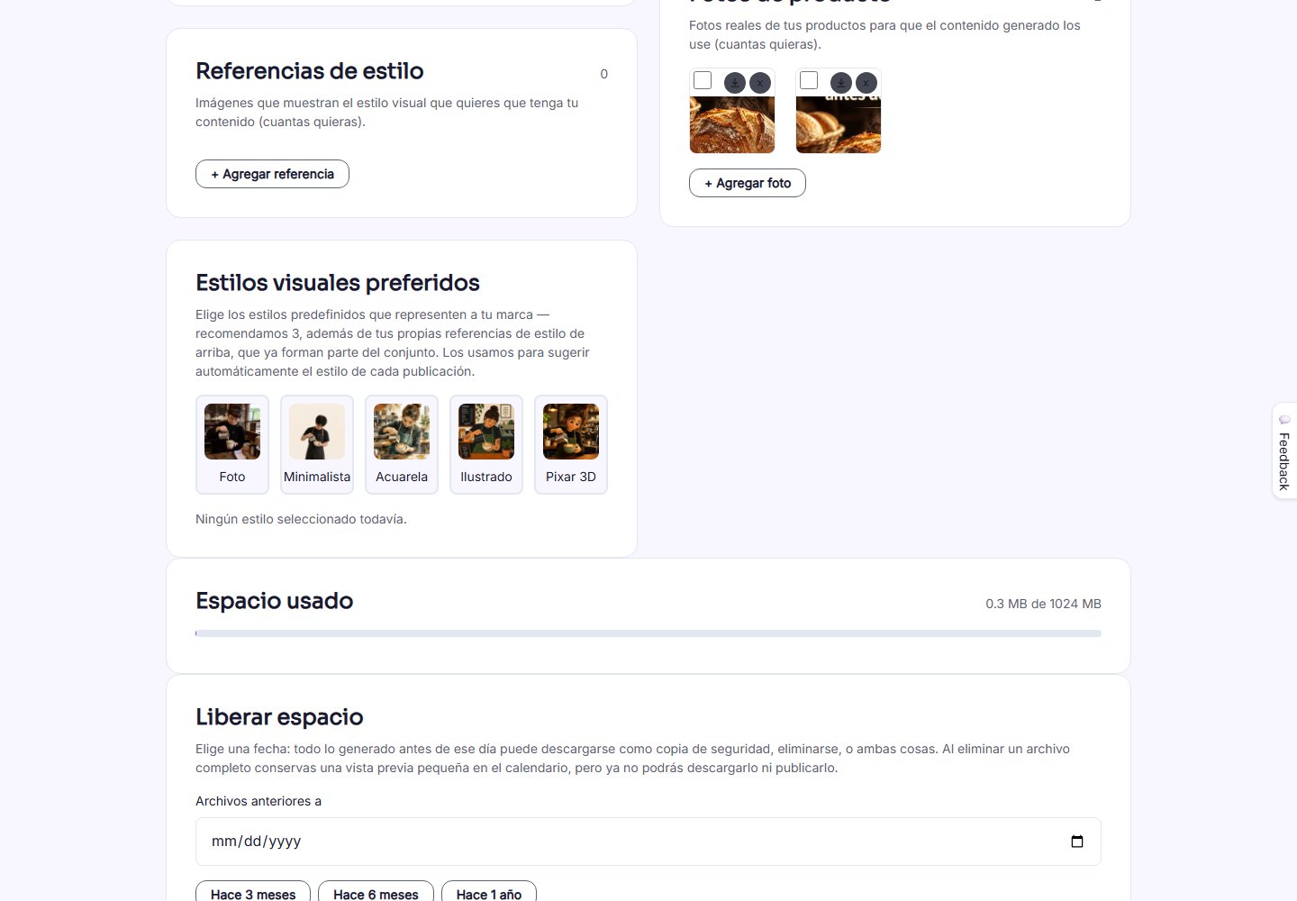 Captura de pantalla — paso 5: Lo que ya trajo de tus redes y tu espacio usado