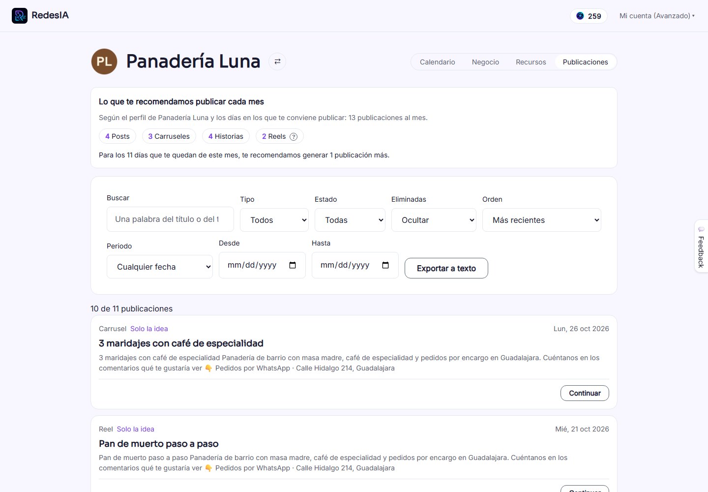 Captura de pantalla — paso 6: Publicaciones: el control de todo lo que armaste