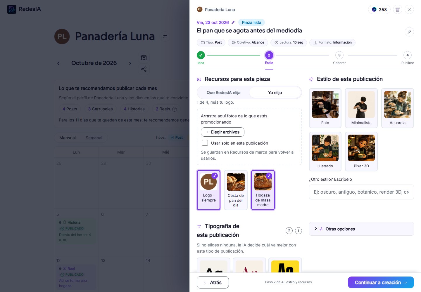 Captura de pantalla — paso 2: Elige el estilo y las imágenes de referencia