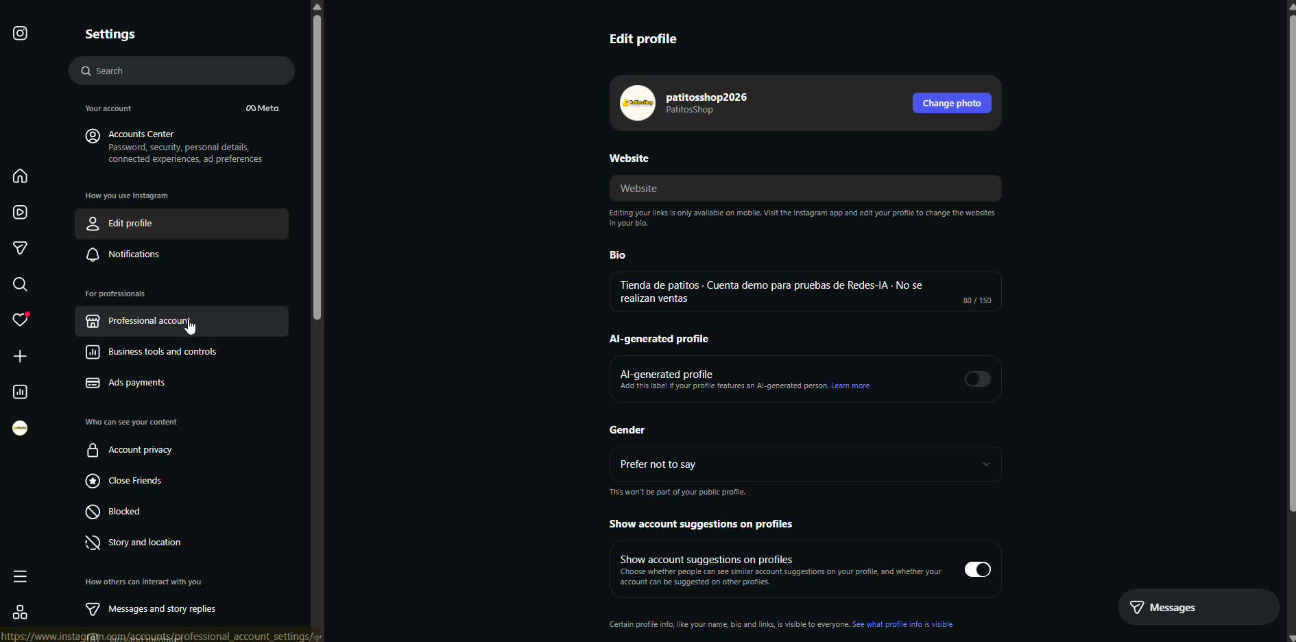 Captura de pantalla — paso 2: Elige "Professional account" / "Cuenta profesional"