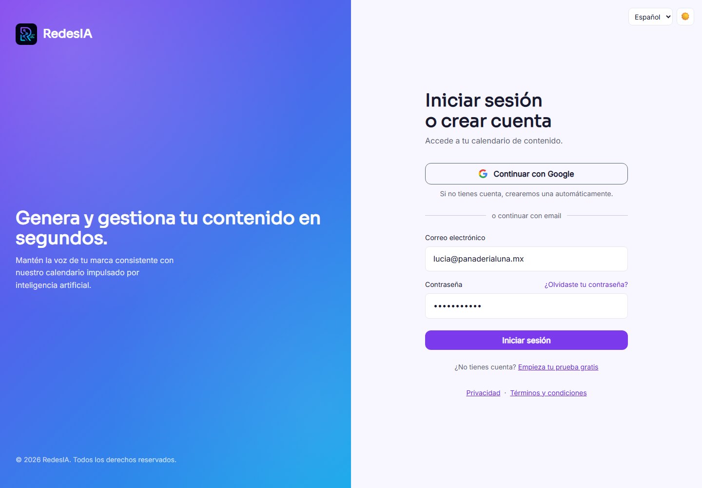 Captura de pantalla — paso 1: Inicia sesión en RedesIA