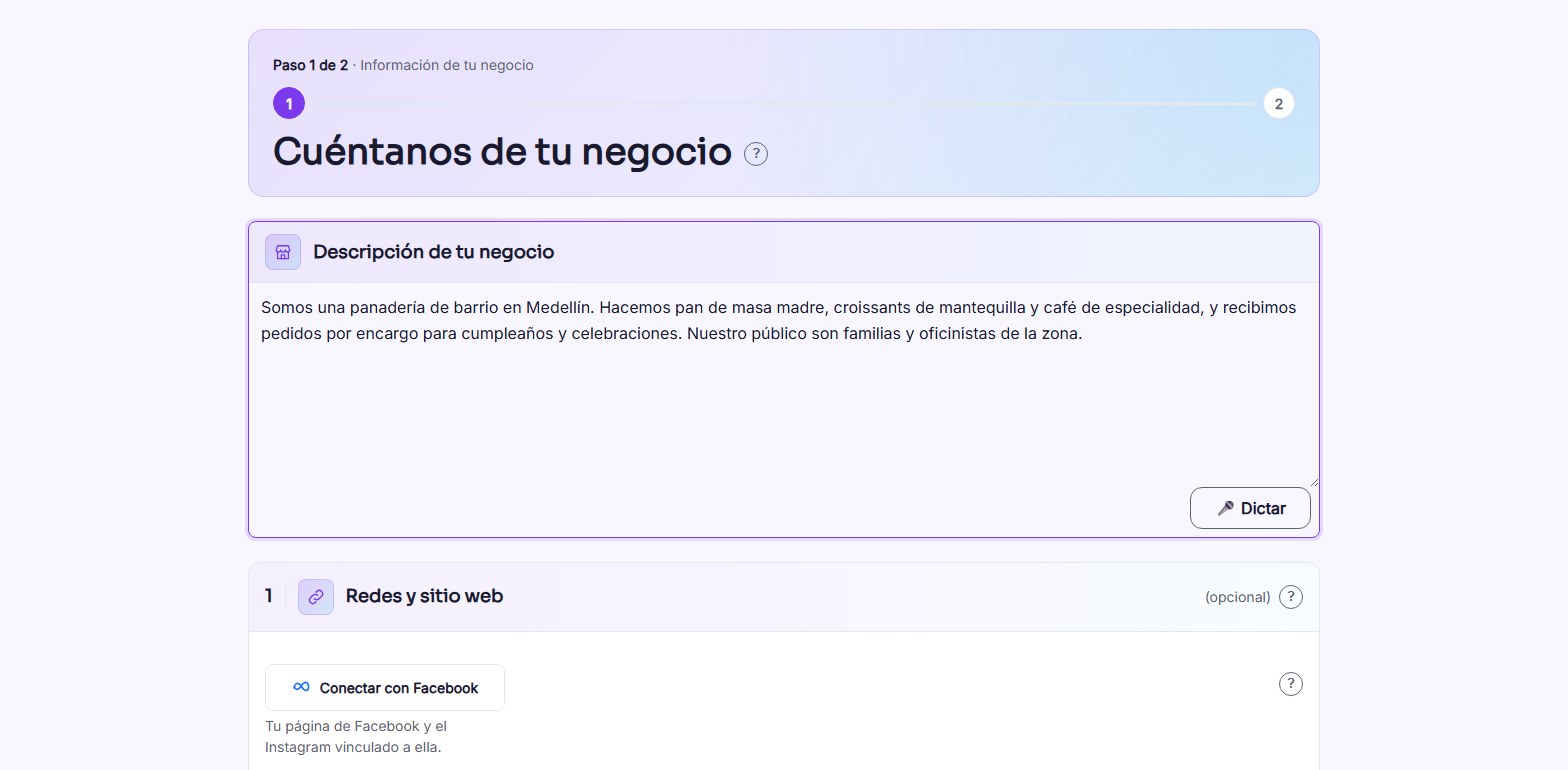 Captura de pantalla — paso 6: Cuéntale el contexto de tu negocio
