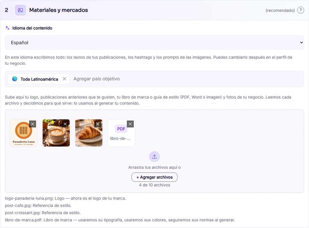 Captura de pantalla — paso 7: Agrega países objetivo y sube materiales