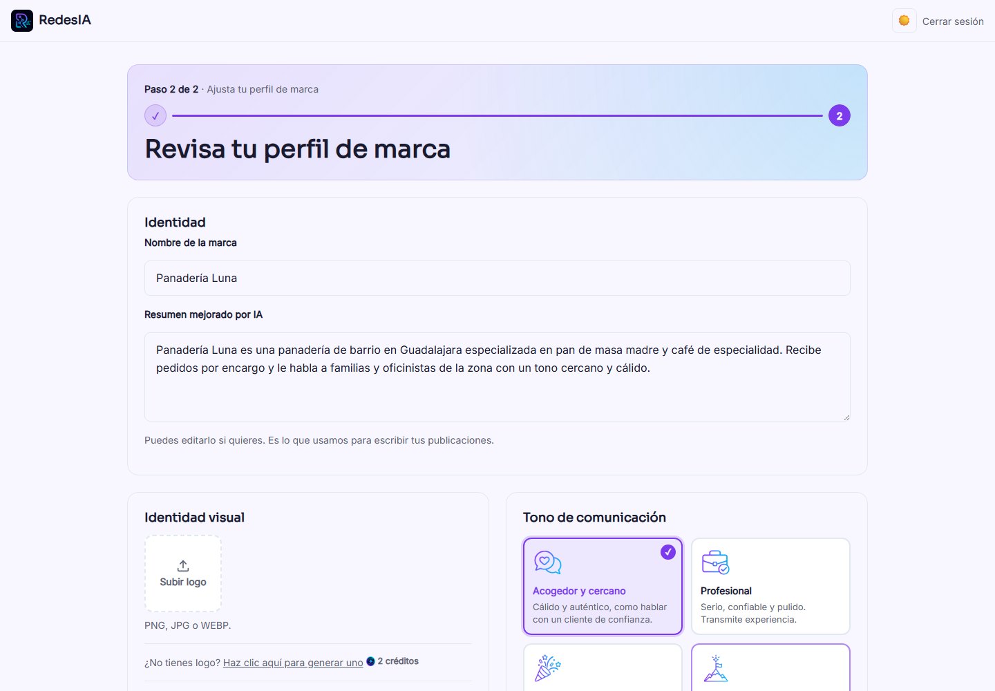 Captura de pantalla — paso 4: RedesIA genera tu perfil completo