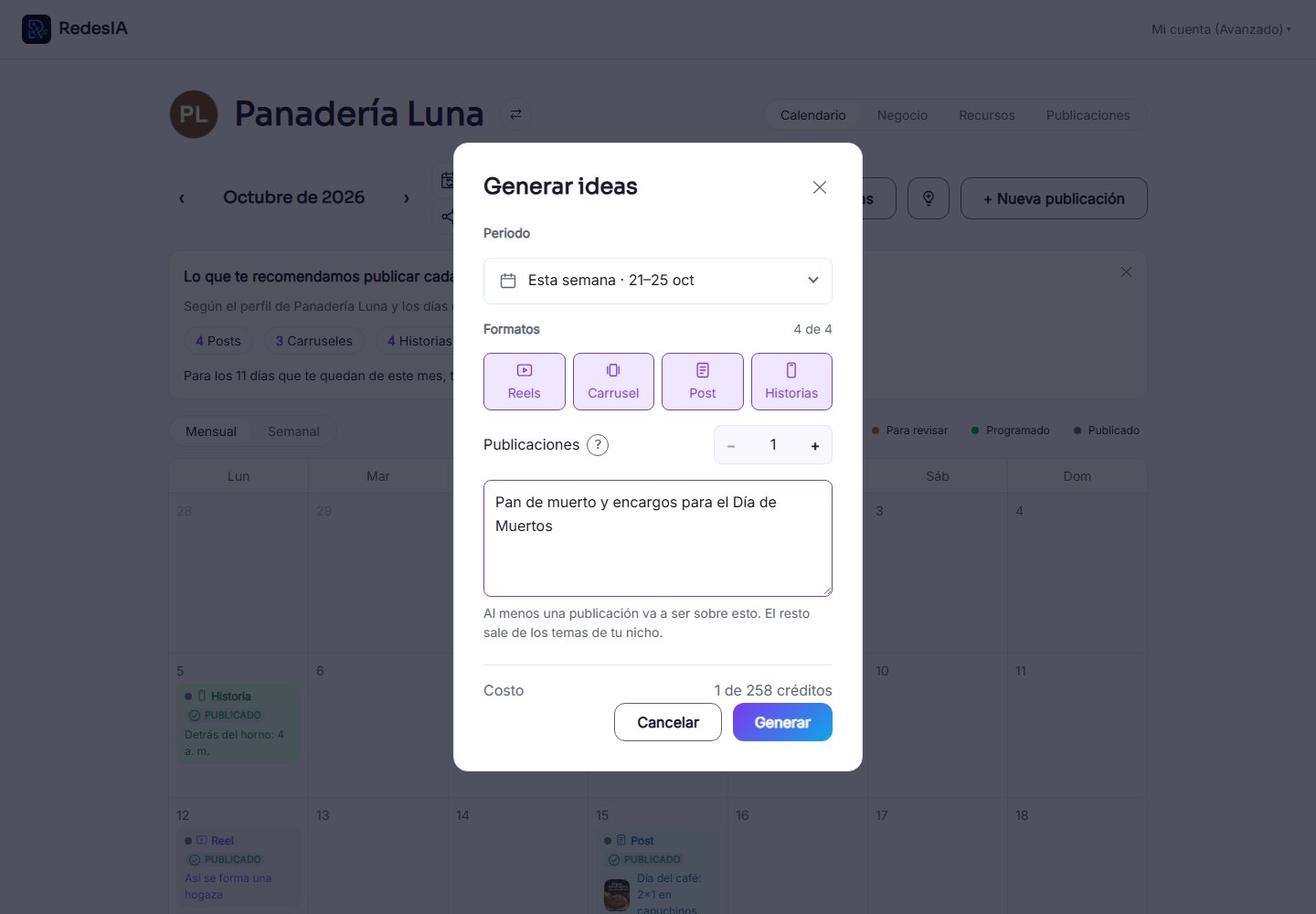 Captura de pantalla — paso 1: Elige el período y agrega un tema si quieres