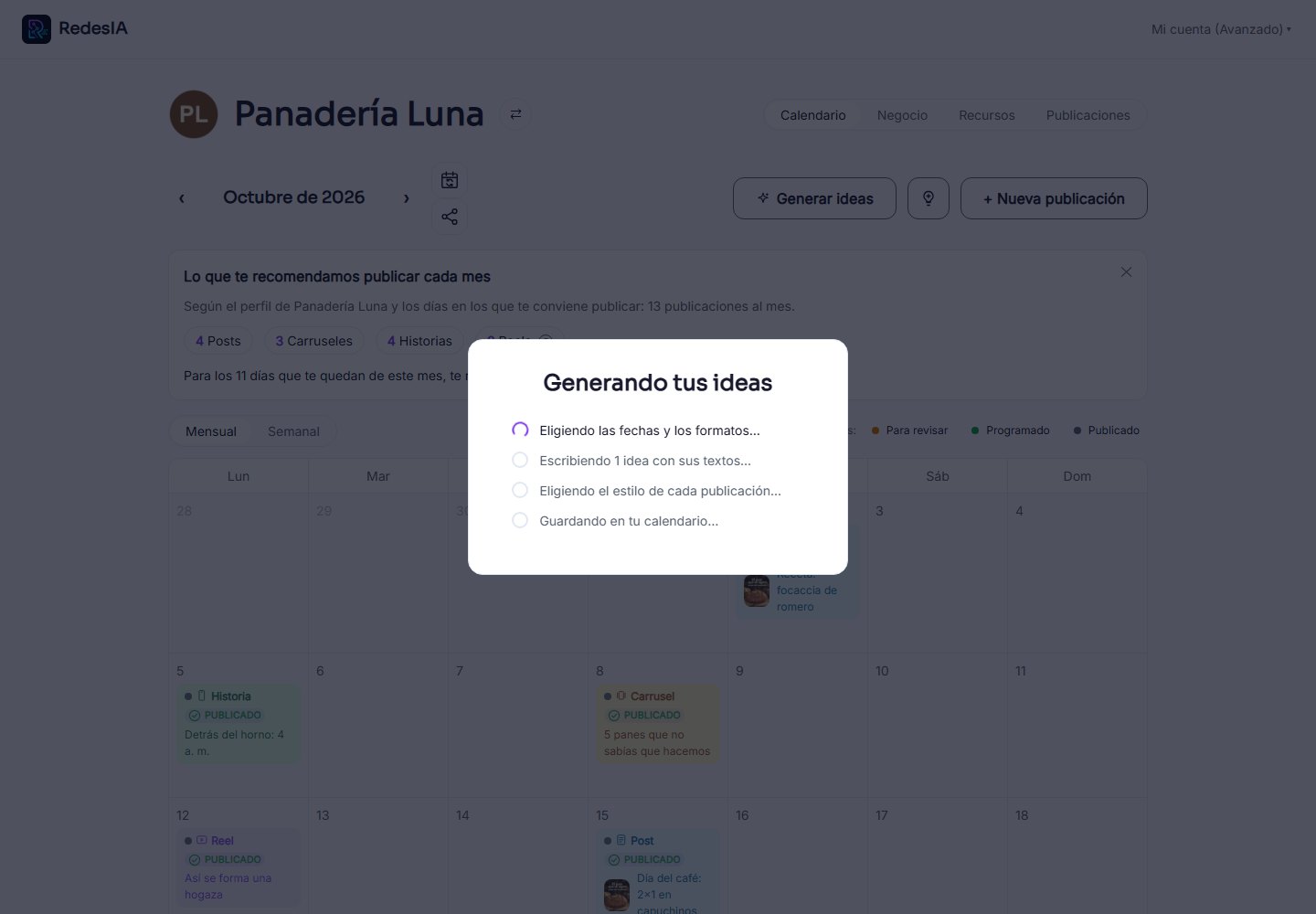 Captura de pantalla — paso 2: RedesIA arma todo automáticamente