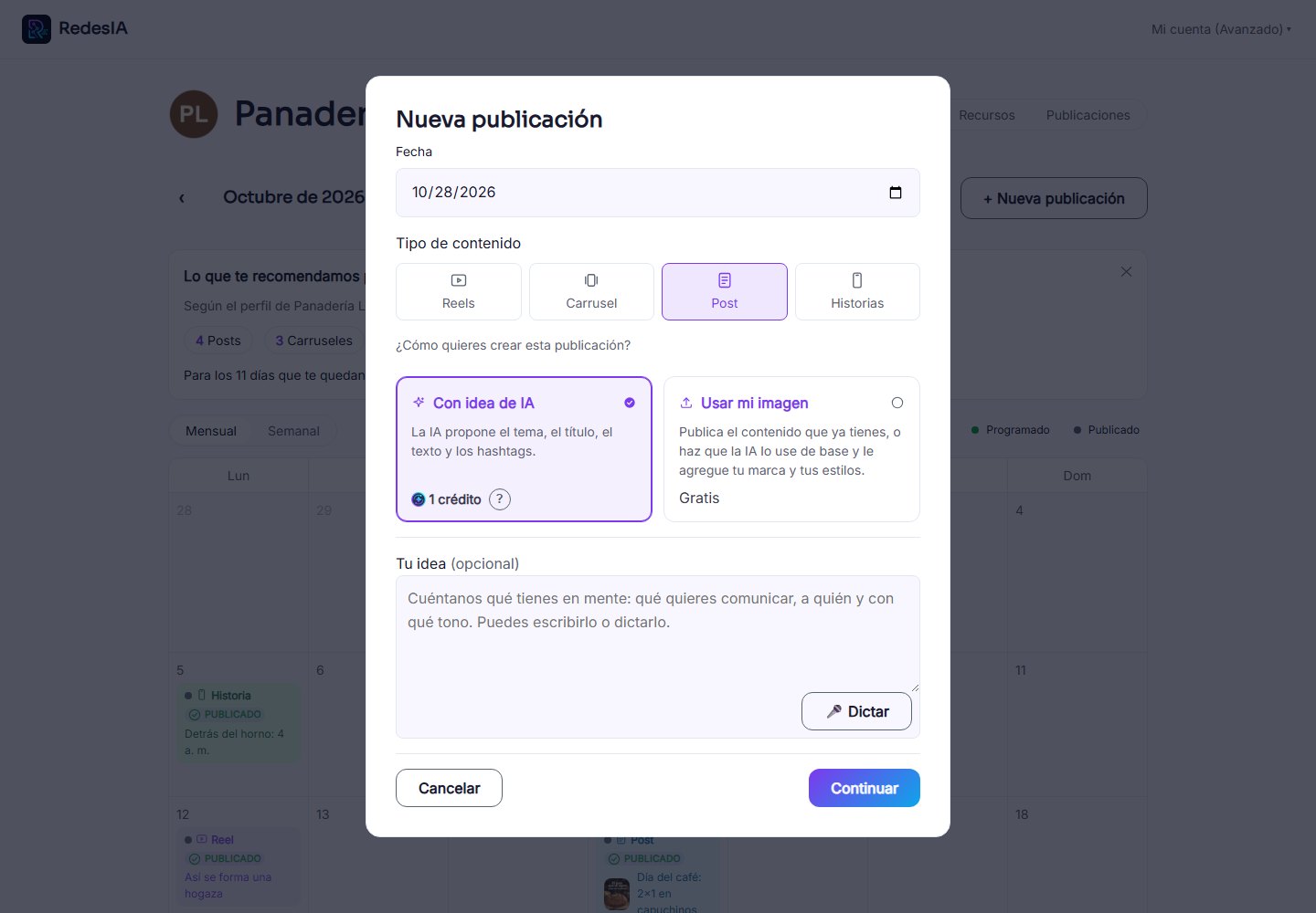 Captura de pantalla — paso 1: Abre "Nueva publicación" y elige el tipo
