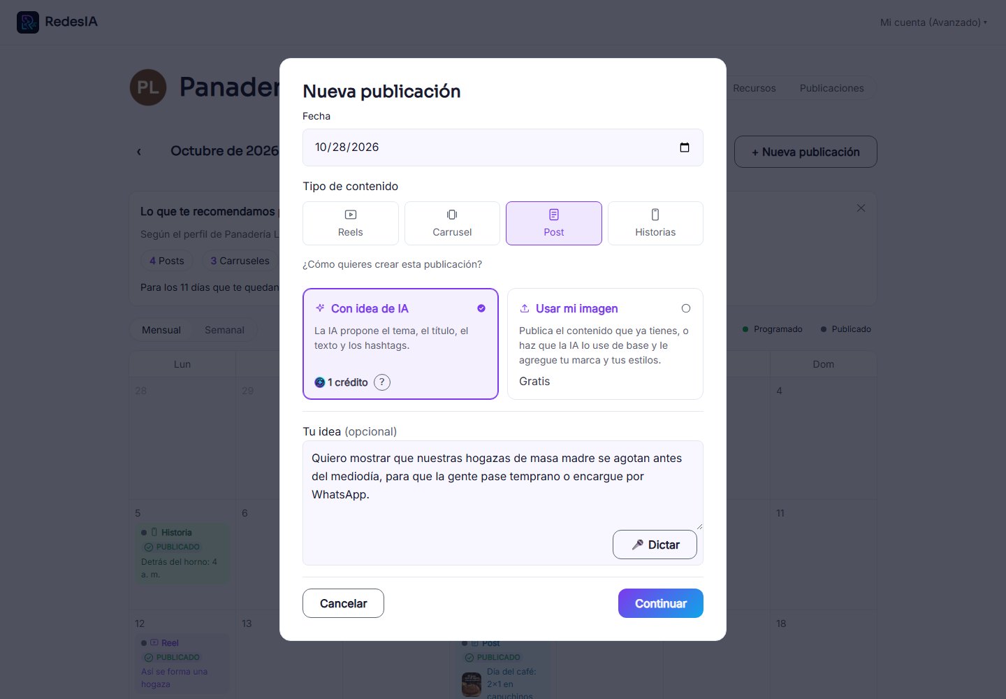 Captura de pantalla — paso 2: Cuéntanos tu idea