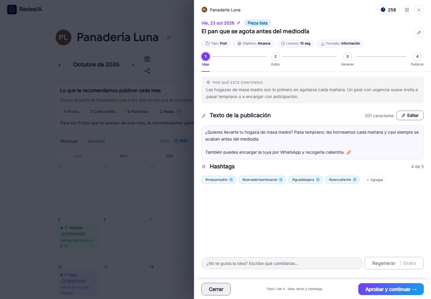 Captura de pantalla — paso 1: Genera contenido en RedesIA a partir de una idea