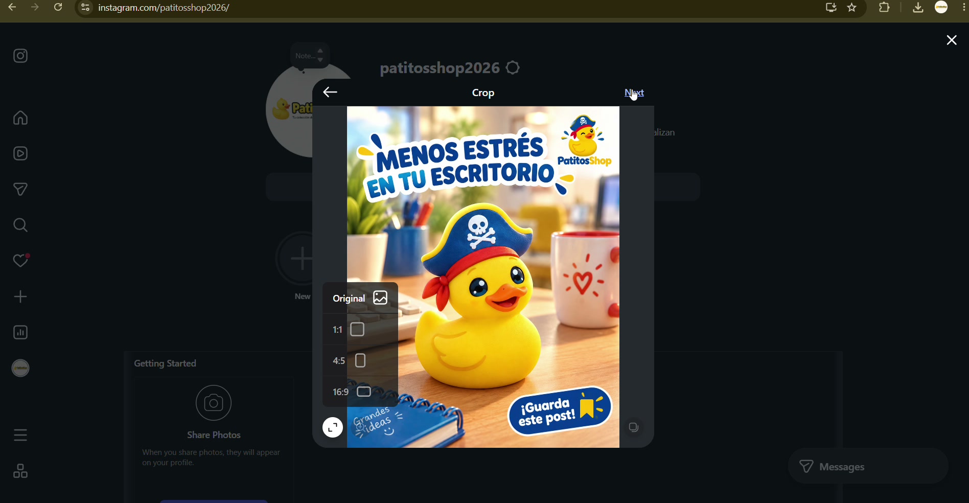 Captura de pantalla — paso 1: Publica en Instagram