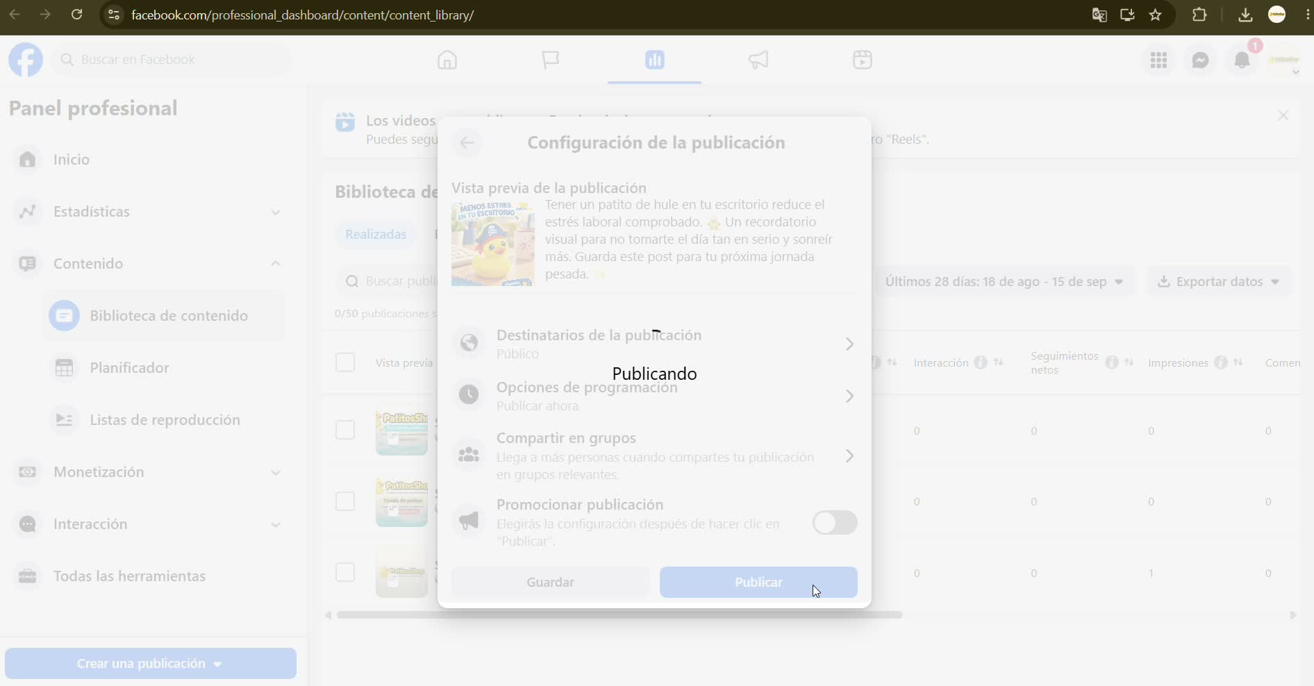 Captura de pantalla — paso 2: Publica en Facebook