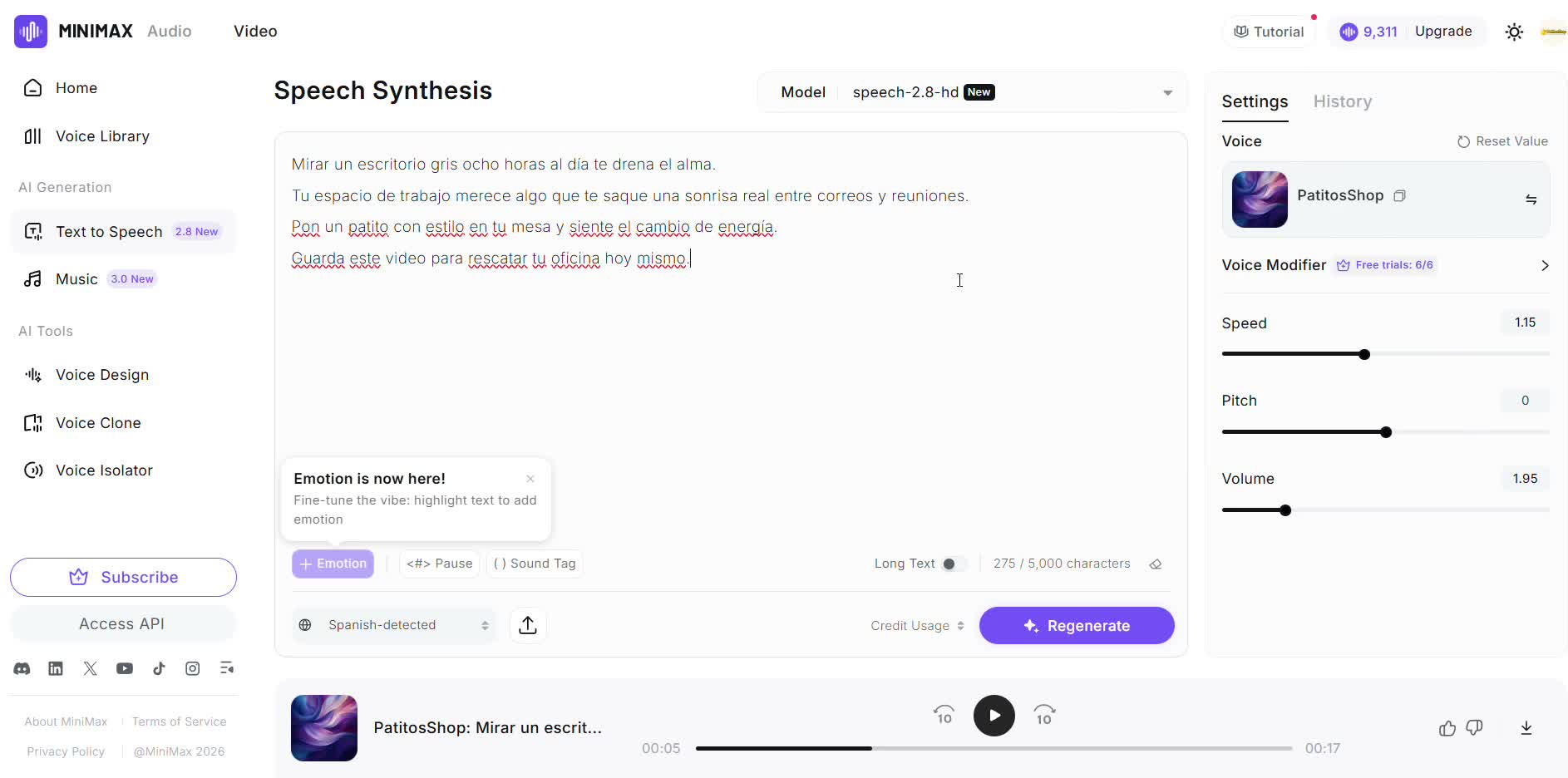 Captura de pantalla — paso 4: Genera el audio y escúchalo completo