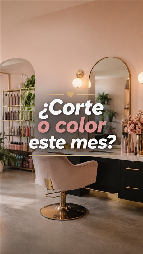Historia generada para un salón de belleza: una silla de peluquería junto al espejo, con el texto «¿Corte o color este mes?» en el tercio central.